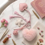 Pink Heart Keychain with Faux Fur Pom Pom, PU Leather Tassel and Starfish Charm