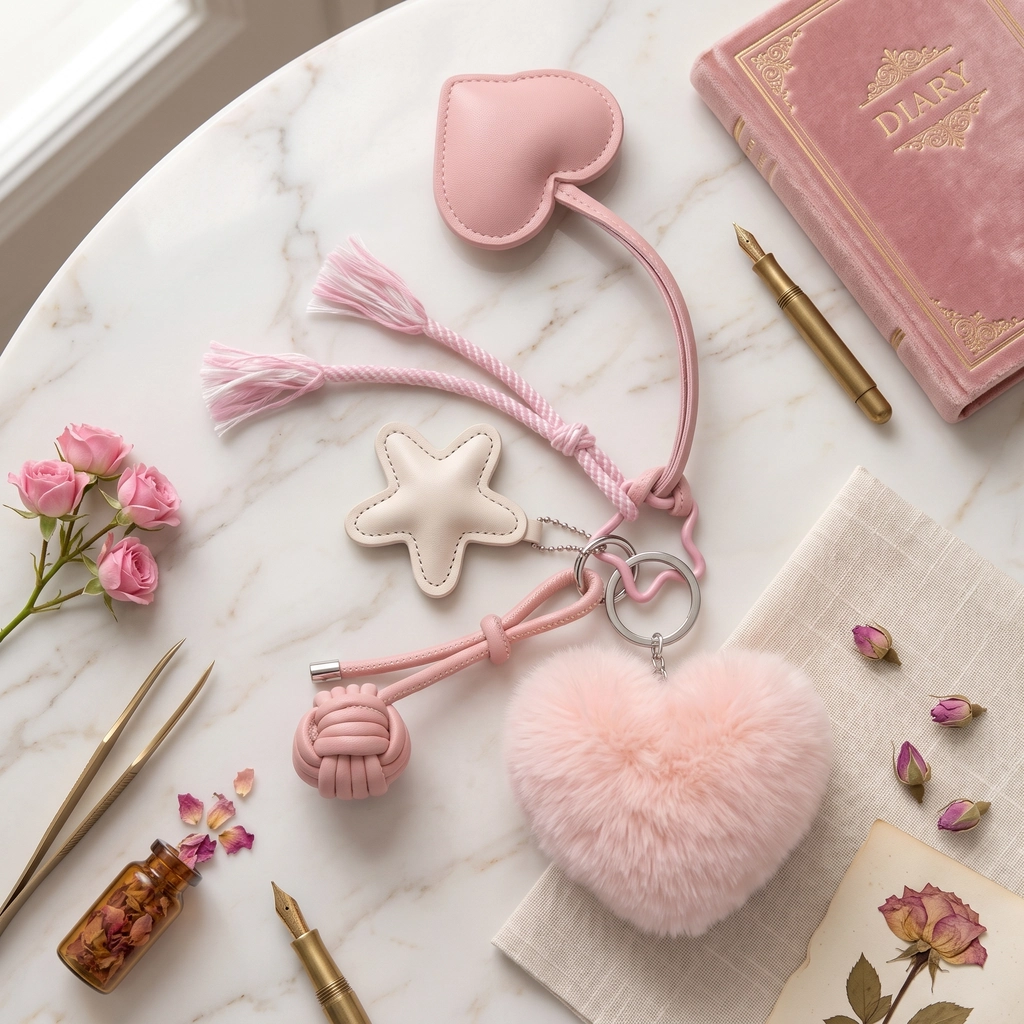 Pink Heart Keychain with Faux Fur Pom Pom, PU Leather Tassel and Starfish Charm