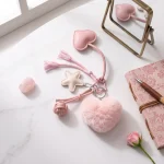 Pink Heart Keychain with Faux Fur Pom Pom, PU Leather Tassel and Starfish Charm