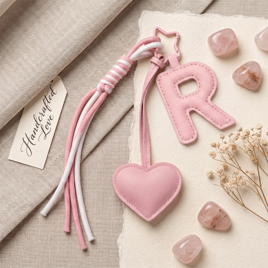 Personalized initial heart keychain in pink PU leather with 26 letters cutout.