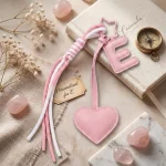 ersonalized initial heart keychain in pink PU leather with 26 letters cutout.