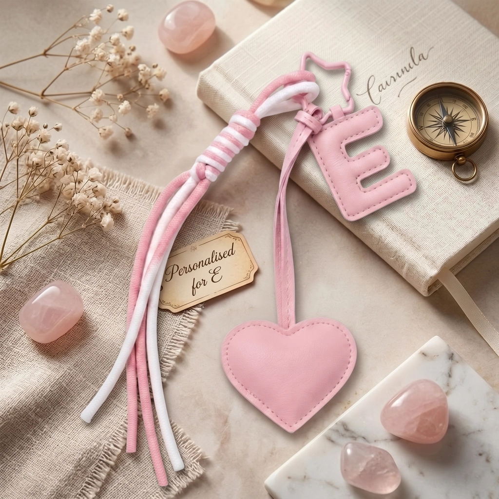 ersonalized initial heart keychain in pink PU leather with 26 letters cutout.