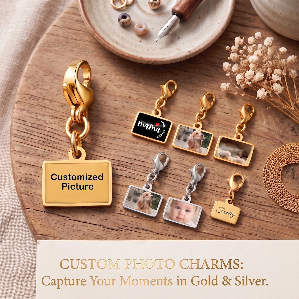 Custom Photo Charm Gold Plated, Personalized Picture Keychain with Lobster Clasp
