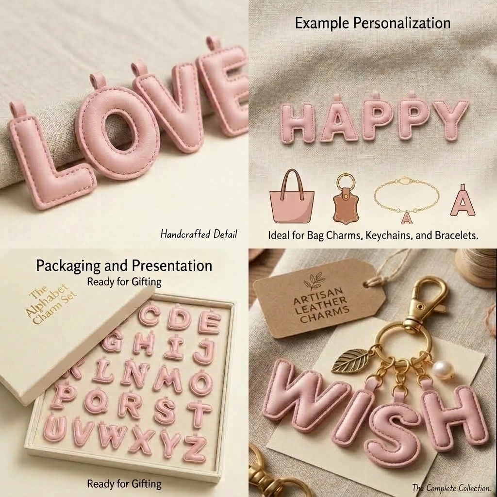 Pink Puffy Faux Leather Letter Charms A-Z Set 3D Stitched