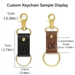 Custom engraved leather keychain sample displaying 7cm size and personalized initials M and LX.