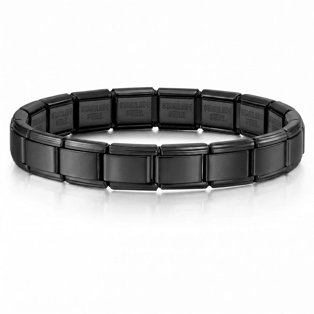 Black Stainless Steel Bracelet, Italian Modular Link with Engraved Back