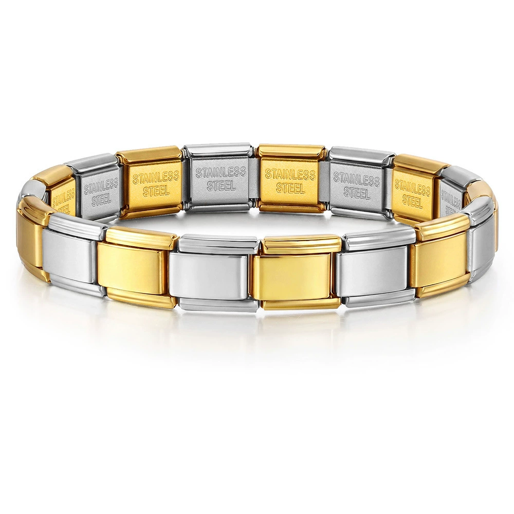 Gold Silver Stainless Steel Bracelet, Italian Modular Link with Engraved Back