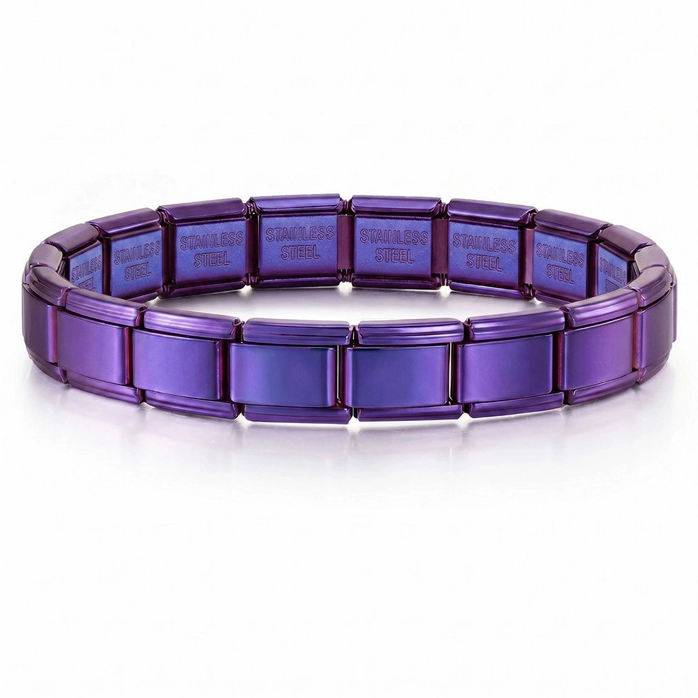 Purple Blue Stainless Steel Bracelet, Italian Modular Link with Engraved Back