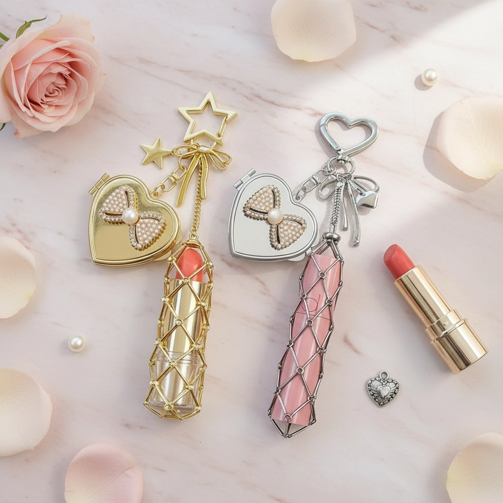 Heart Bow Lip Gloss Charm, Gold/Silver Metal Cage with Pearl Photo Frame