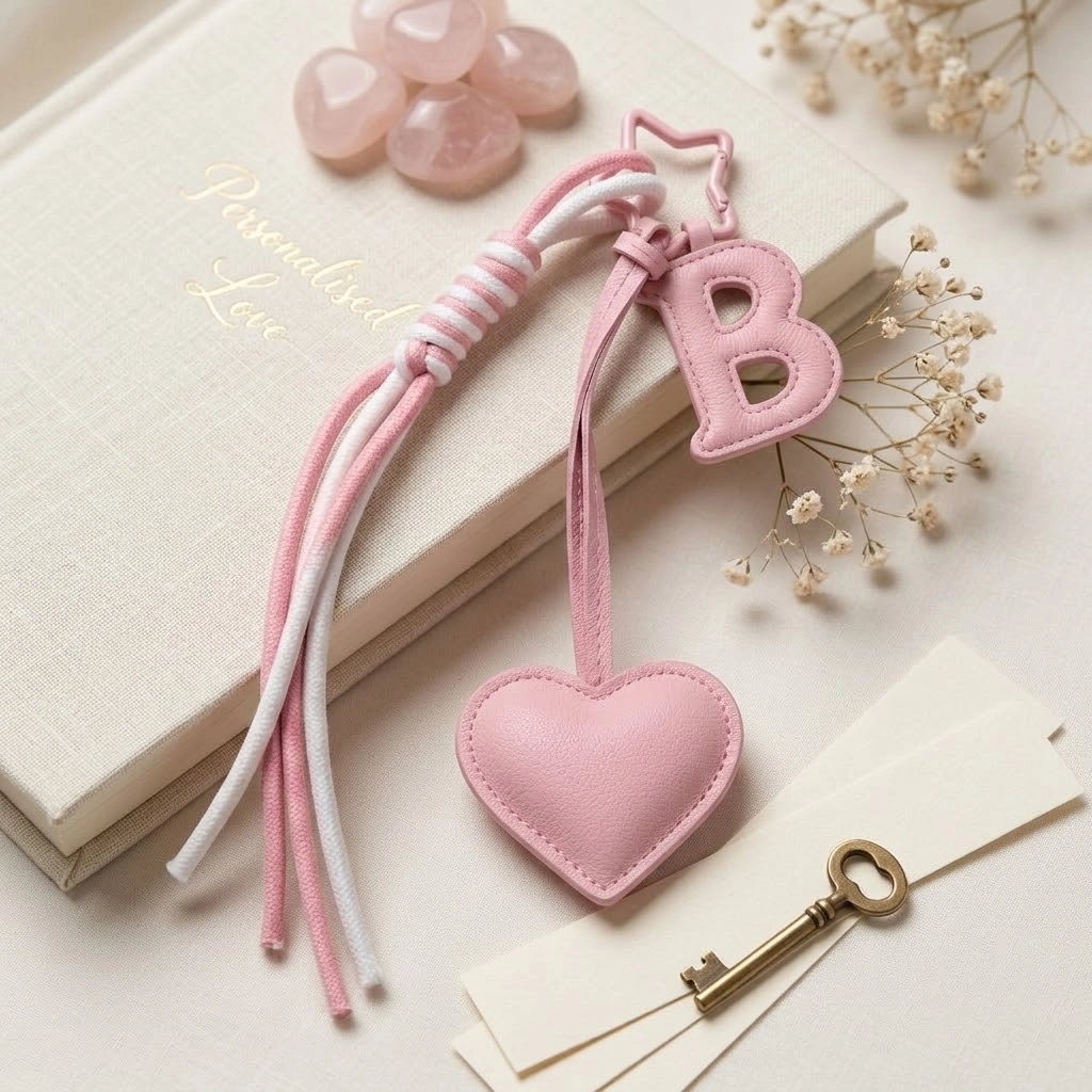 Personalized initial heart keychain in pink PU leather with letter B cutout.