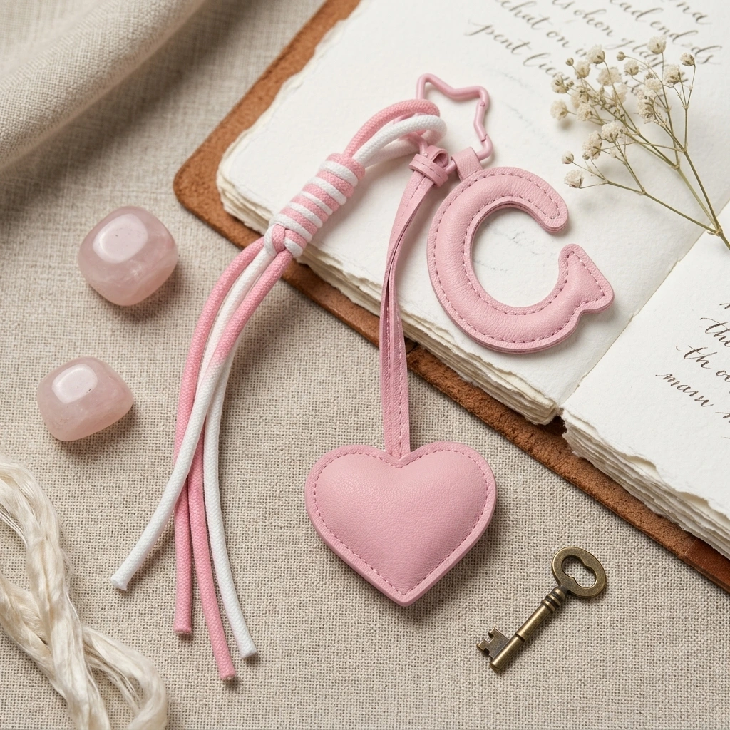 Personalized initial heart keychain in pink PU leather with letter B cutout.