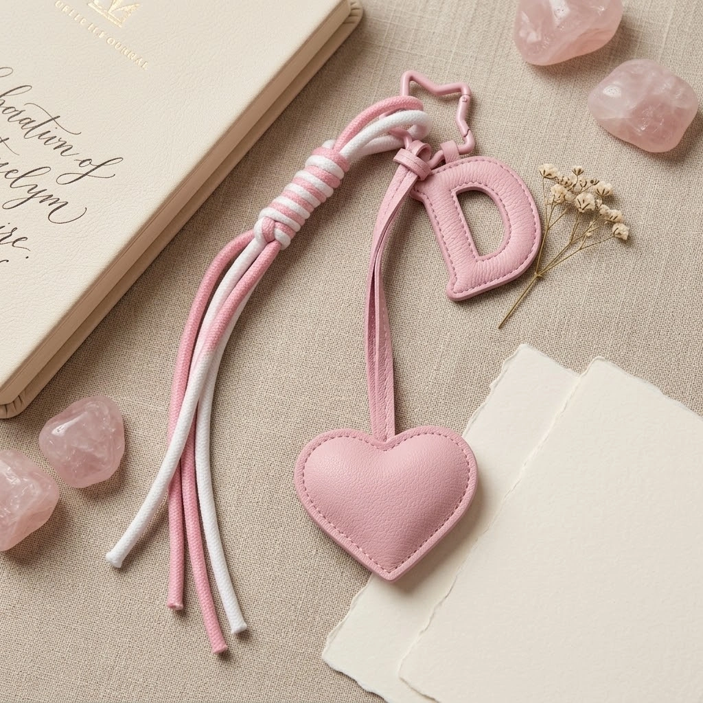 Personalized initial heart keychain in pink PU leather with 26 letters cutout.