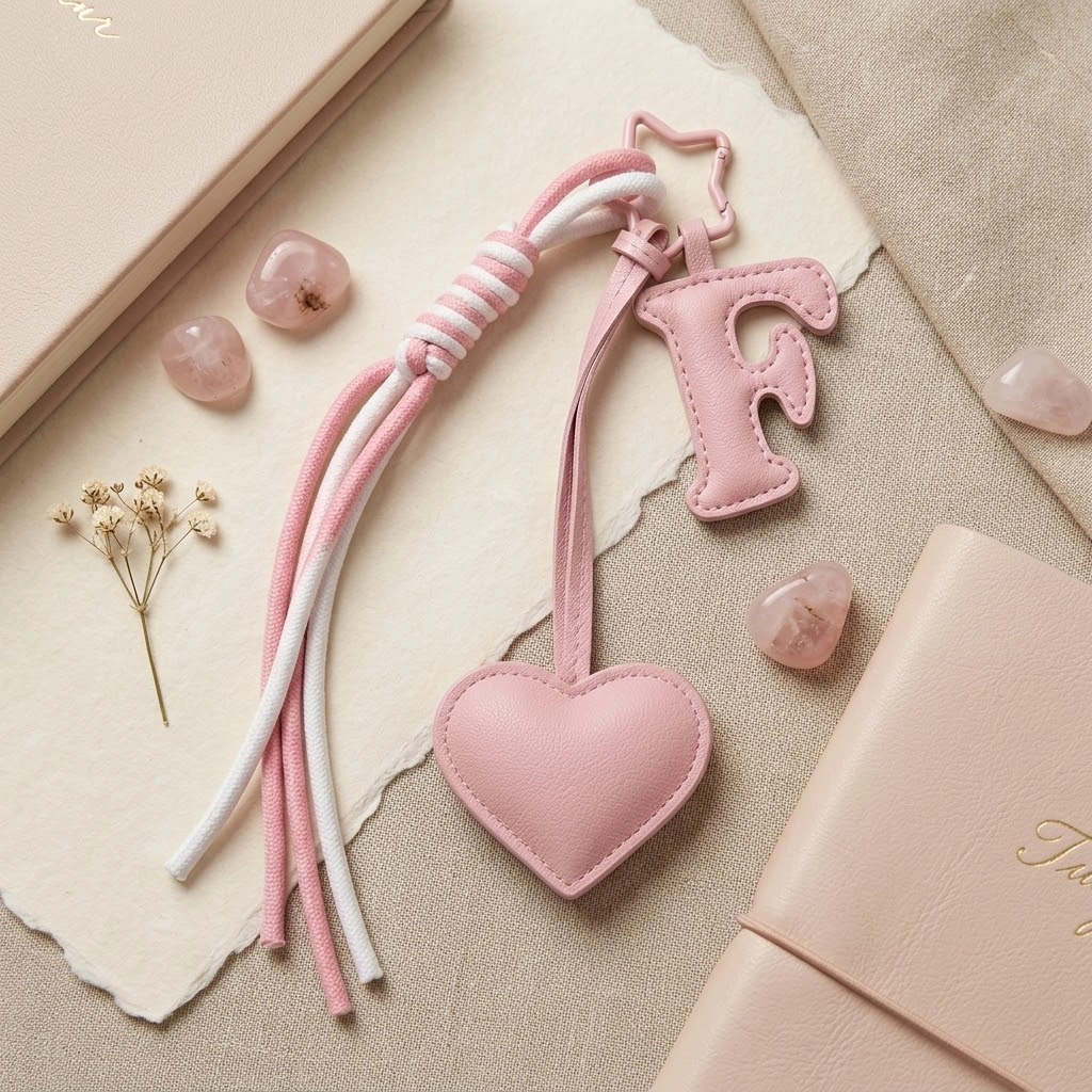 Personalized initial heart keychain in pink PU leather with 26 letters cutout.