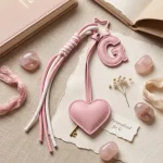 Personalized initial heart keychain in pink PU leather with 26 letters cutout.