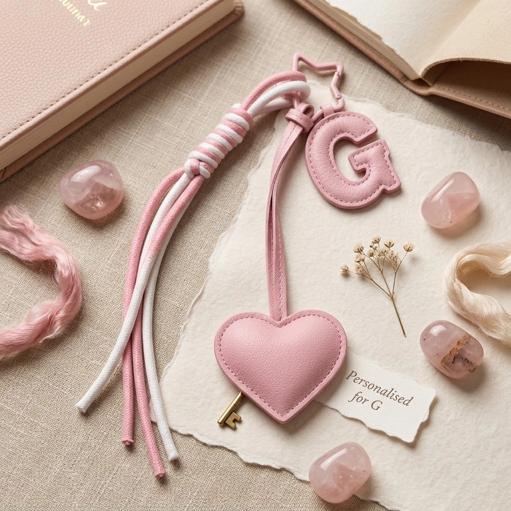 Personalized initial heart keychain in pink PU leather with 26 letters cutout.