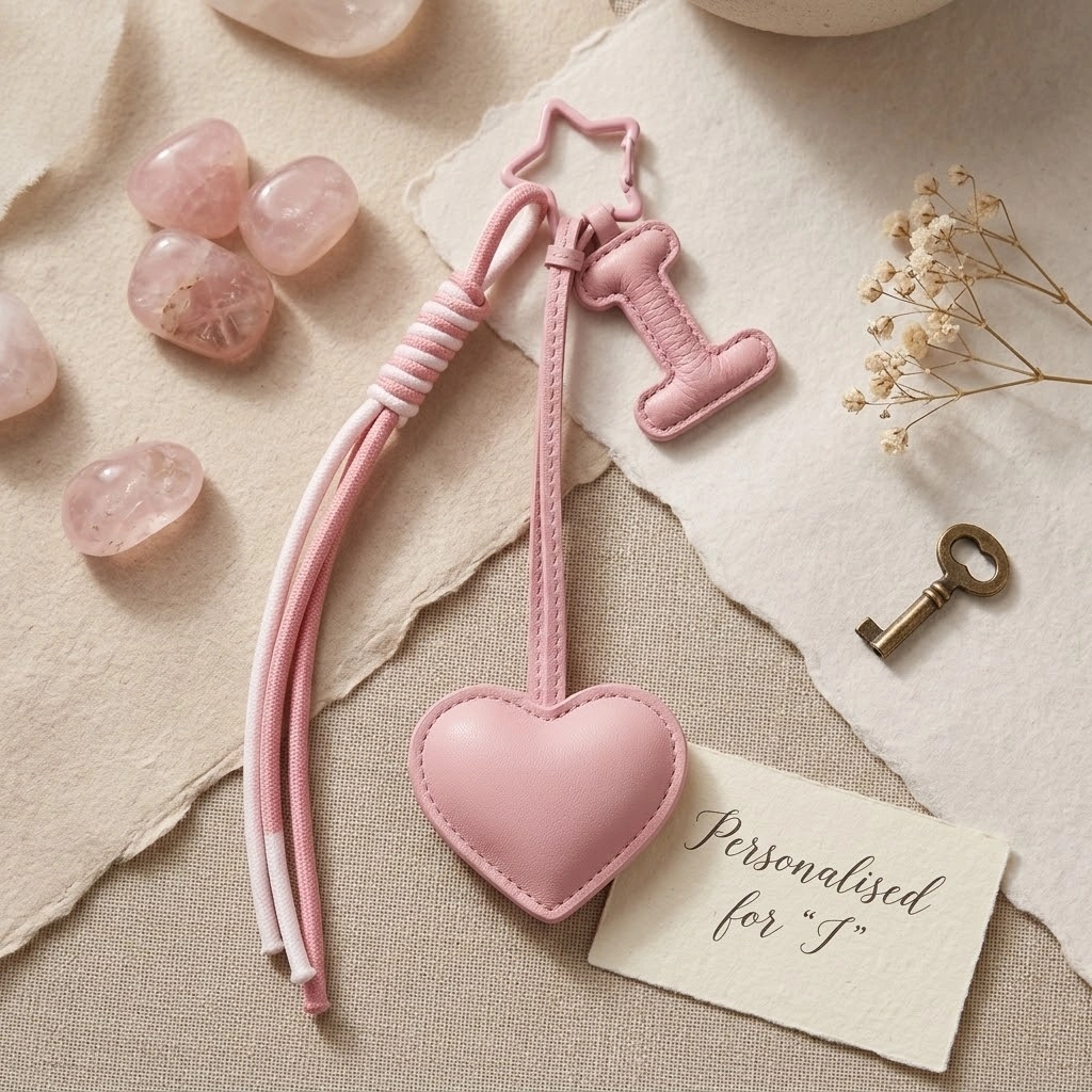 Personalized initial heart keychain in pink PU leather with 26 letters cutout.