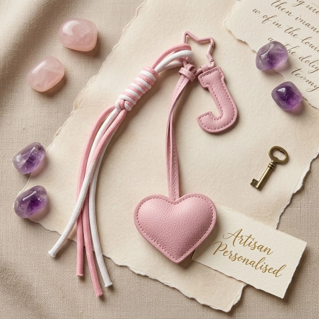 Personalized initial heart keychain in pink PU leather with 26 letters cutout.