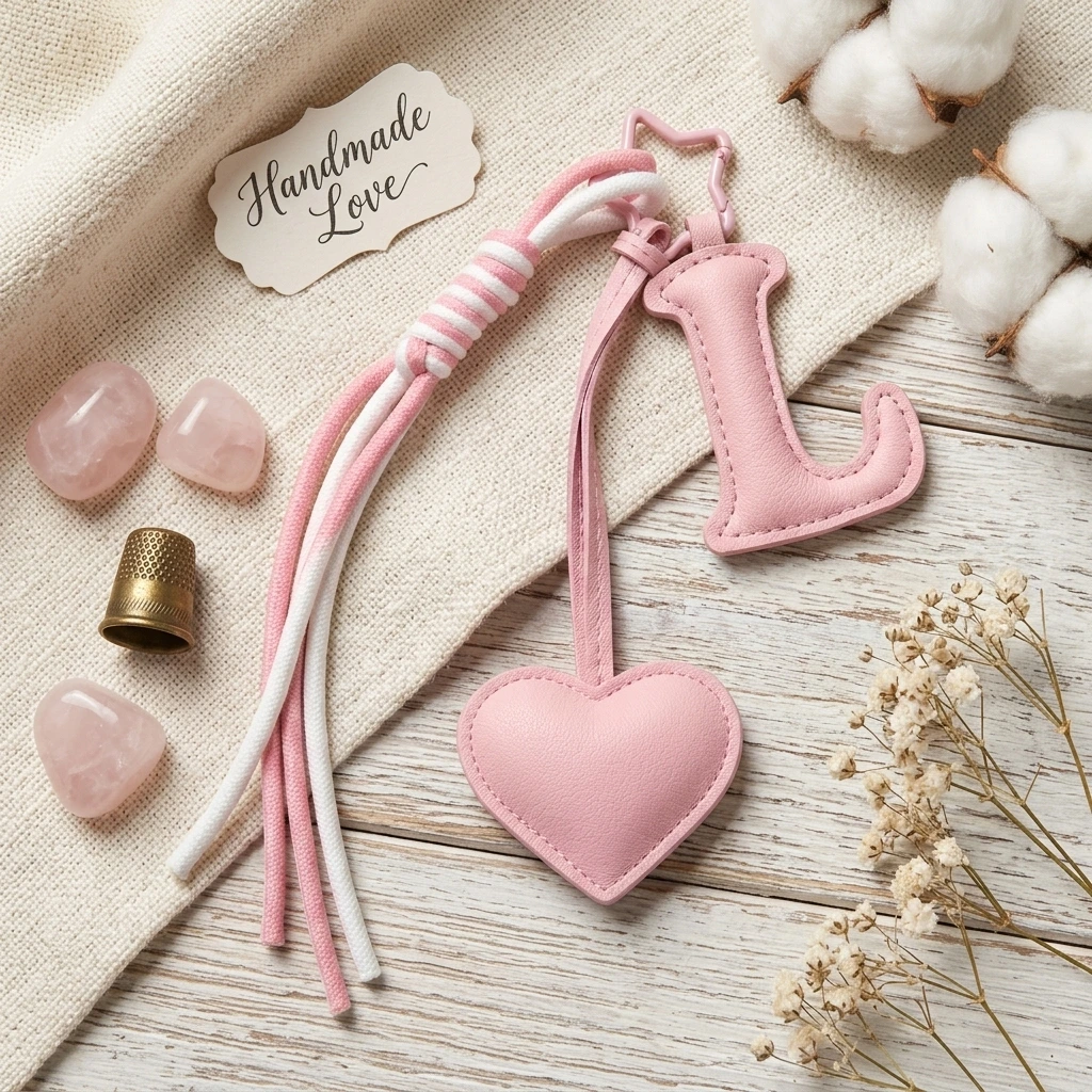 Personalized initial heart keychain in pink PU leather with 26 letters cutout.