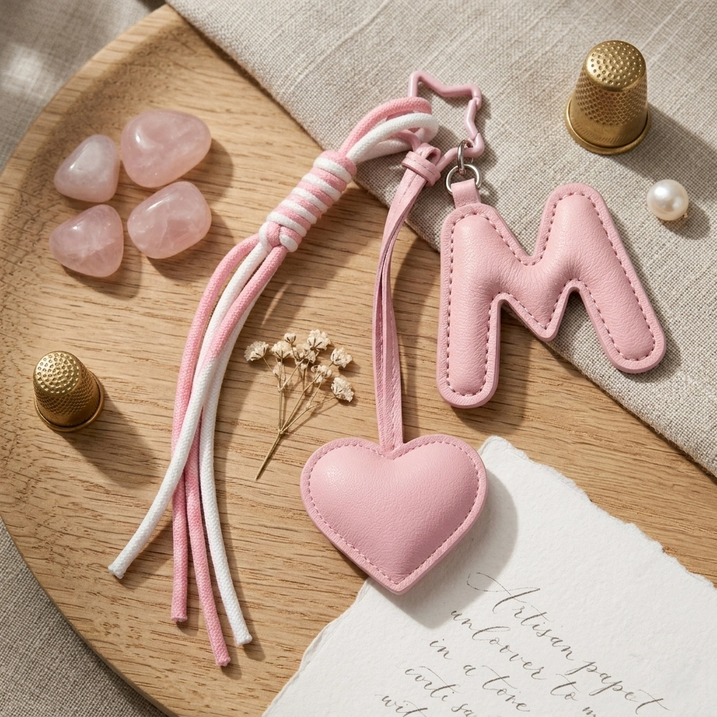 Personalized initial heart keychain in pink PU leather with 26 letters cutout.
