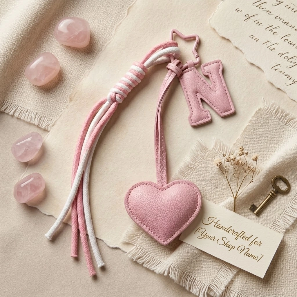 Personalized initial heart keychain in pink PU leather with 26 letters cutout.