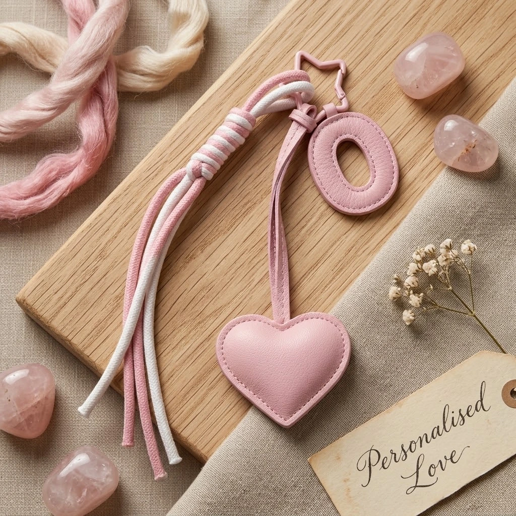 Personalized initial heart keychain in pink PU leather with 26 letters cutout.