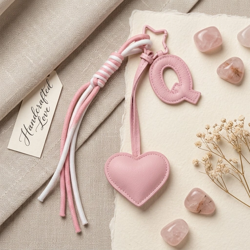 Personalized initial heart keychain in pink PU leather with 26 letters cutout.