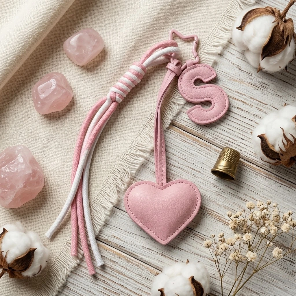 Personalized initial heart keychain in pink PU leather with 26 letters cutout.