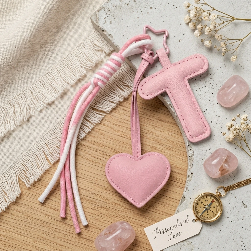 Personalized initial heart keychain in pink PU leather with 26 letters cutout.