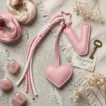 Personalized initial heart keychain in pink PU leather with 26 letters cutout.