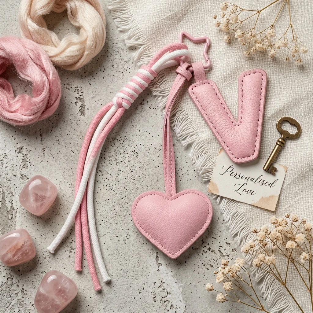 Personalized initial heart keychain in pink PU leather with 26 letters cutout.