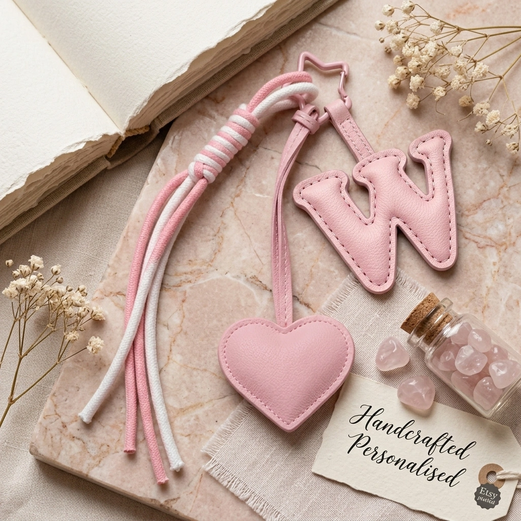 Personalized initial heart keychain in pink PU leather with 26 letters cutout.