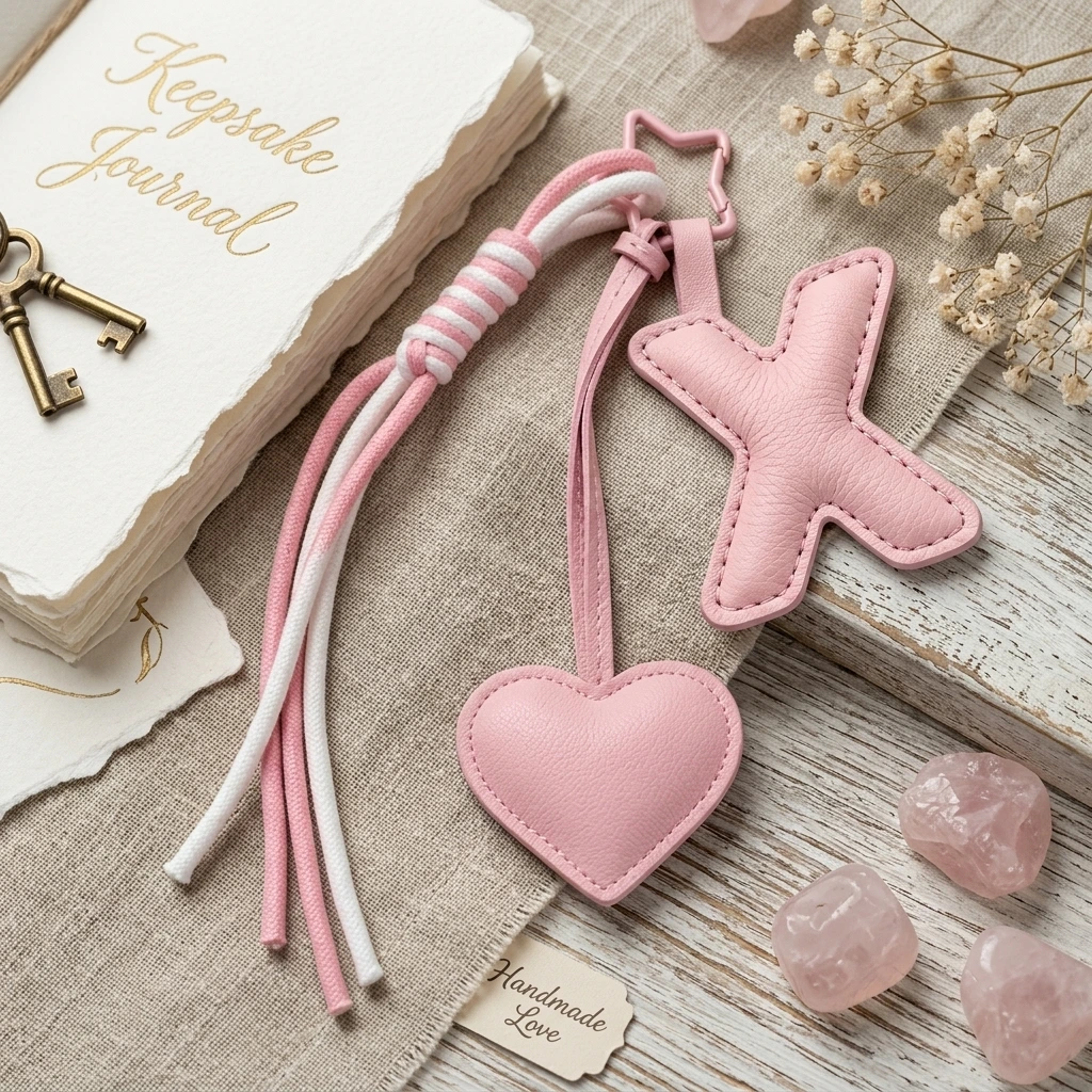 Personalized initial heart keychain in pink PU leather with 26 letters cutout.