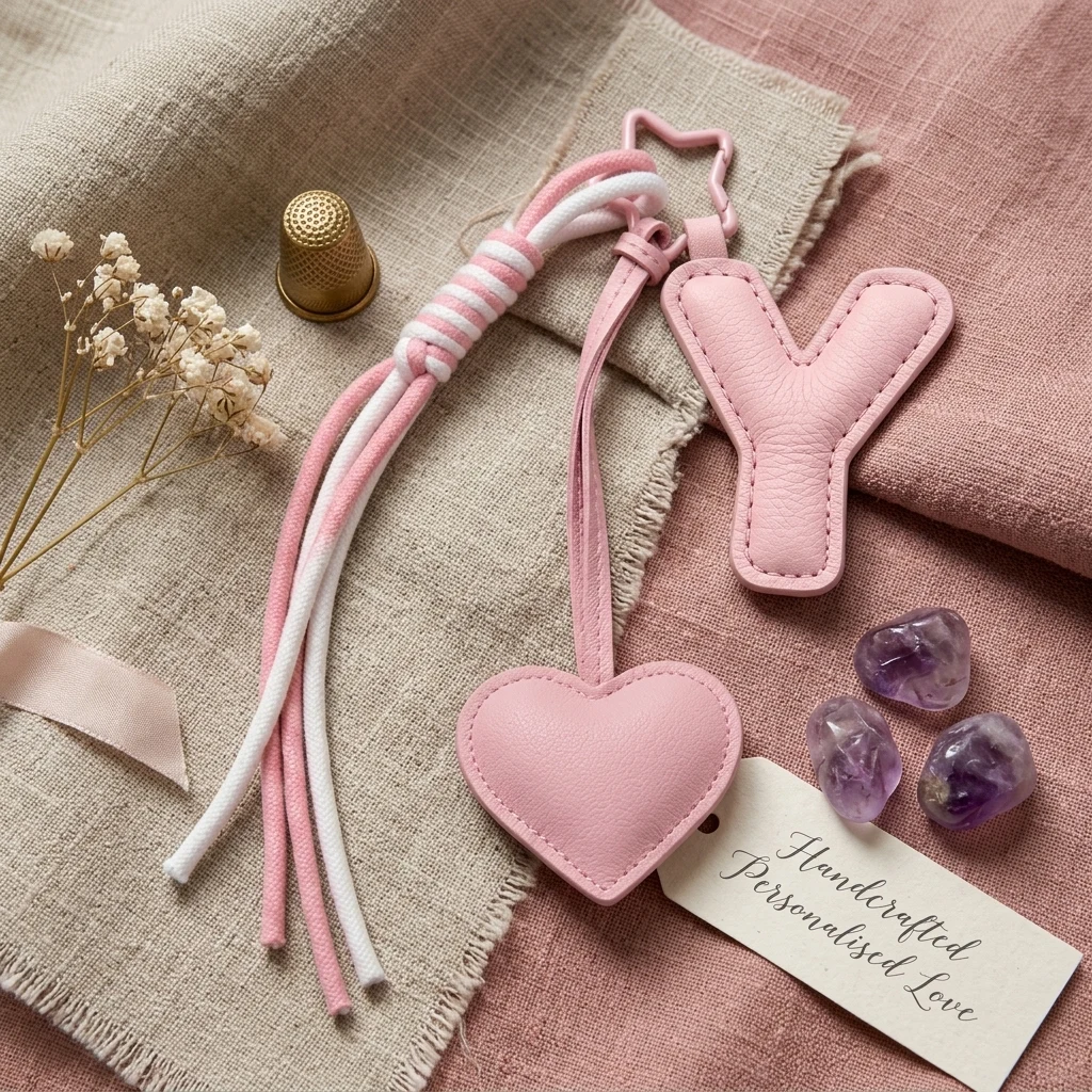 Personalized initial heart keychain in pink PU leather with 26 letters cutout.