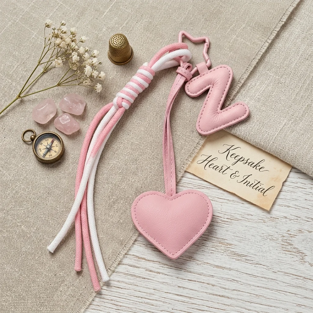 Personalized initial heart keychain in pink PU leather with 26 letters cutout.