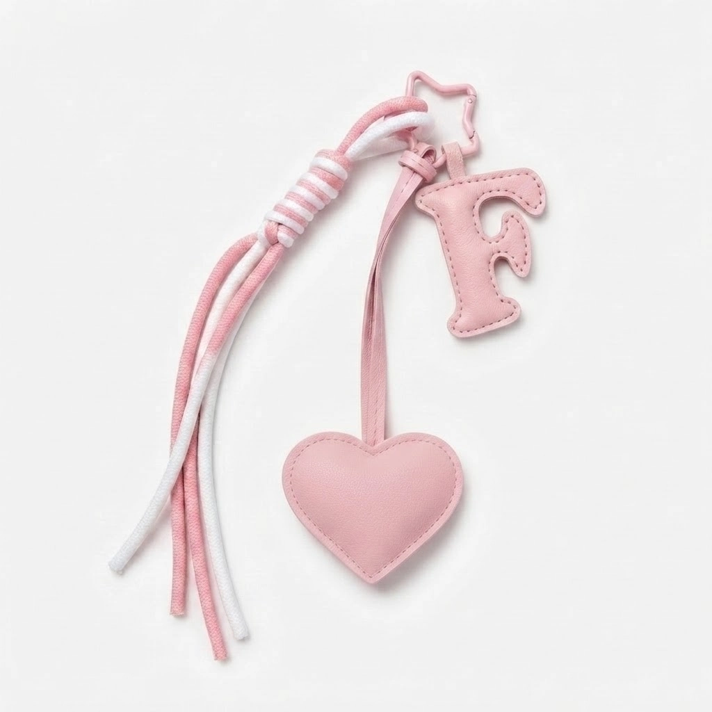 Personalized initial heart keychain in pink PU leather with 26 letters cutout.