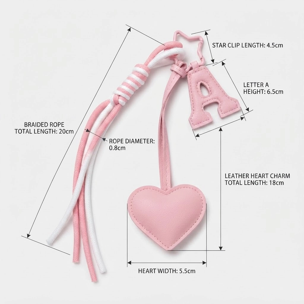 Personalized initial heart bag charm in pink PU leather with letter A and braided tassel on book flat lay