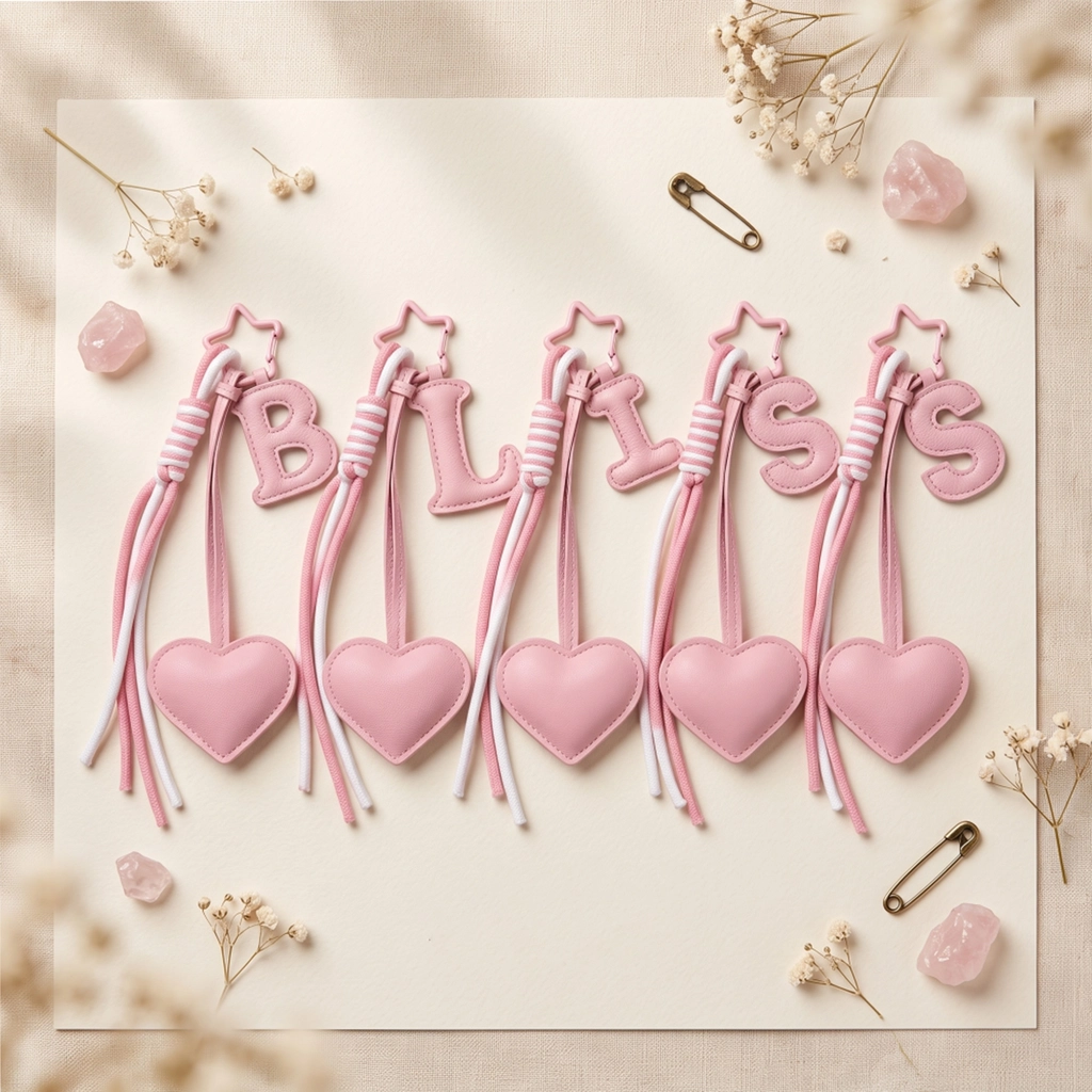 Personalized initial heart keychain in pink PU leather with 26 letters cutout.