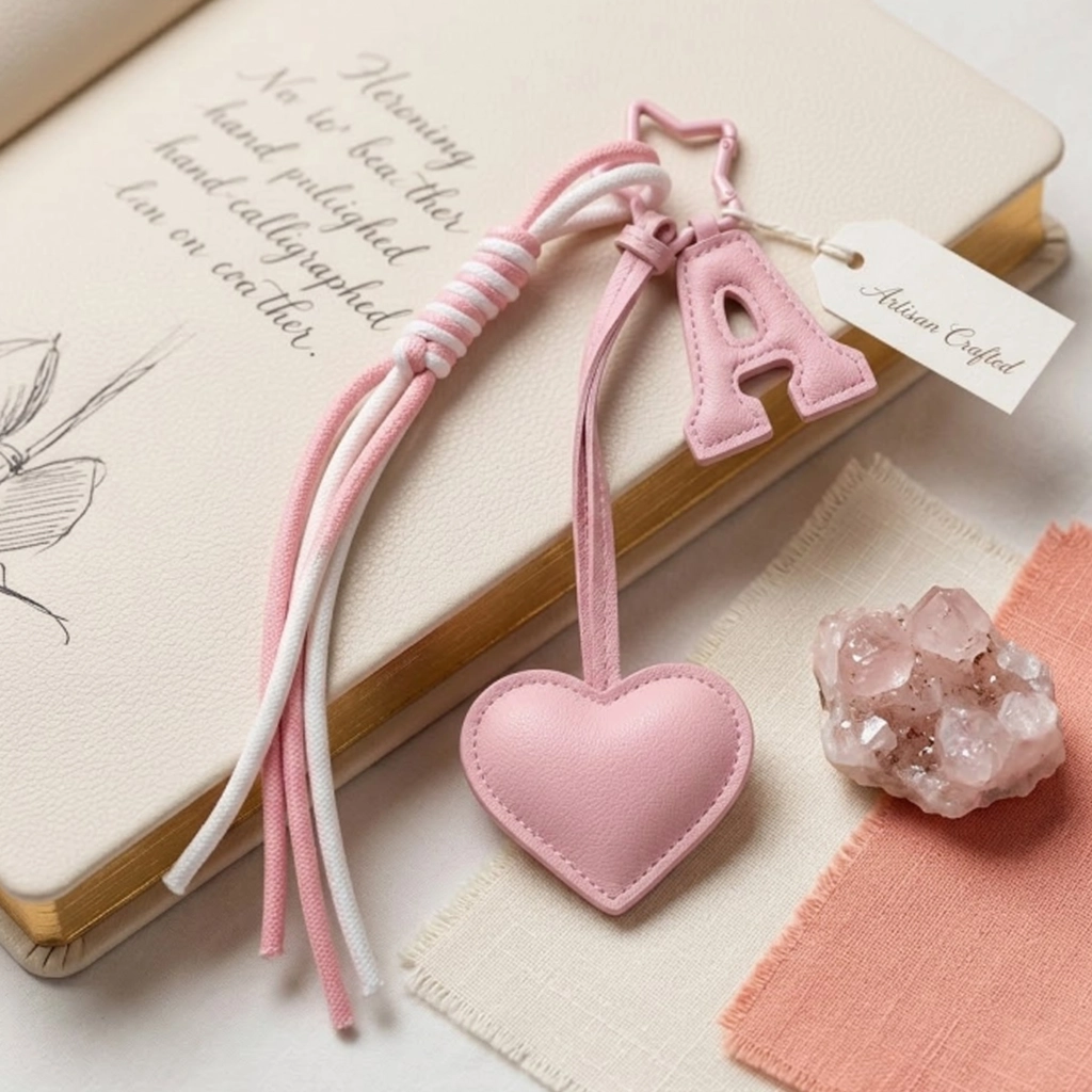 Personalized initial heart bag charm in pink PU leather with letter A and braided tassel on book flat lay.