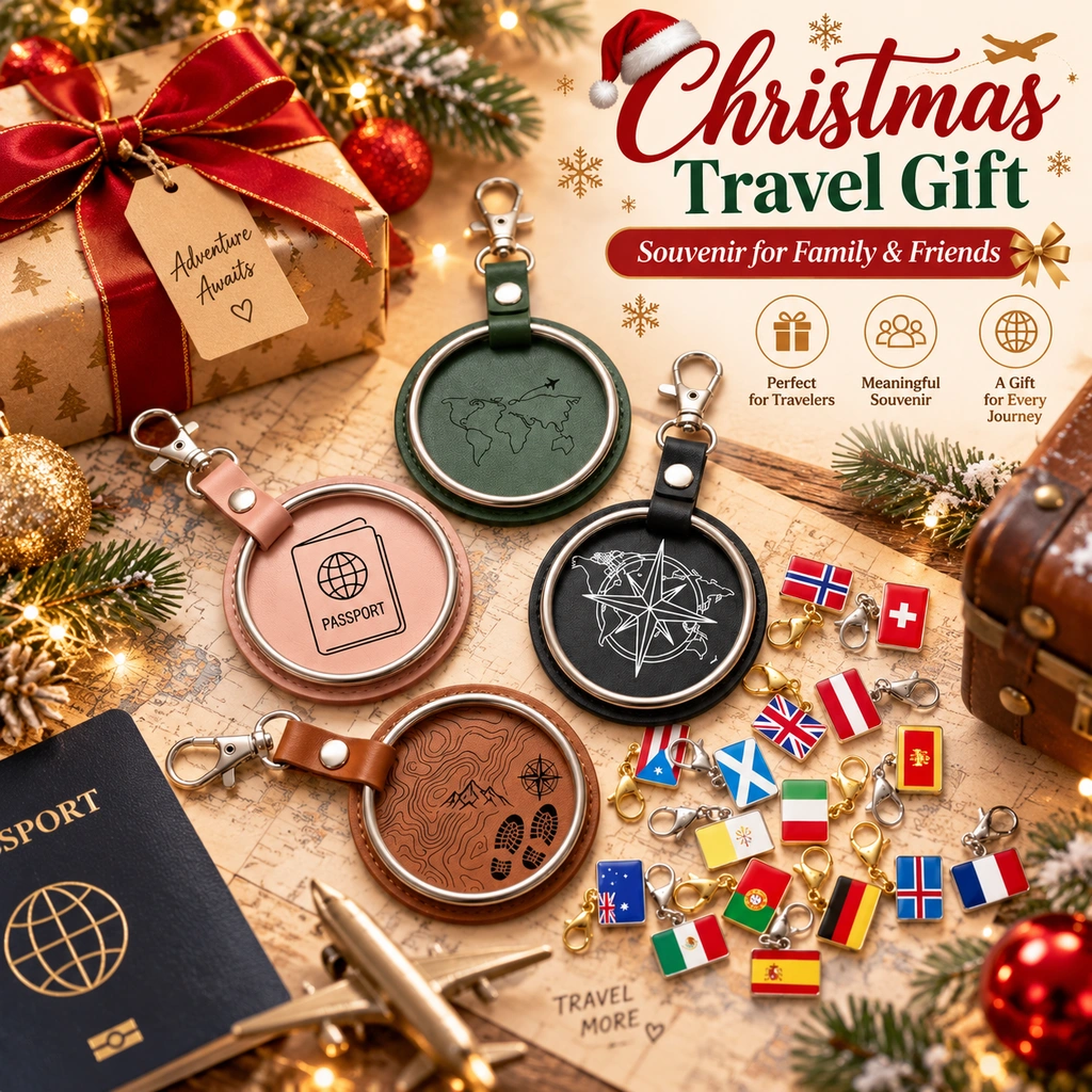 Christmas travel gift keychain, leather round, flag charms, custom engraved map.