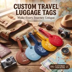 Yellow round leather luggage tag, laser engraved sun beach icons, travel accessory.