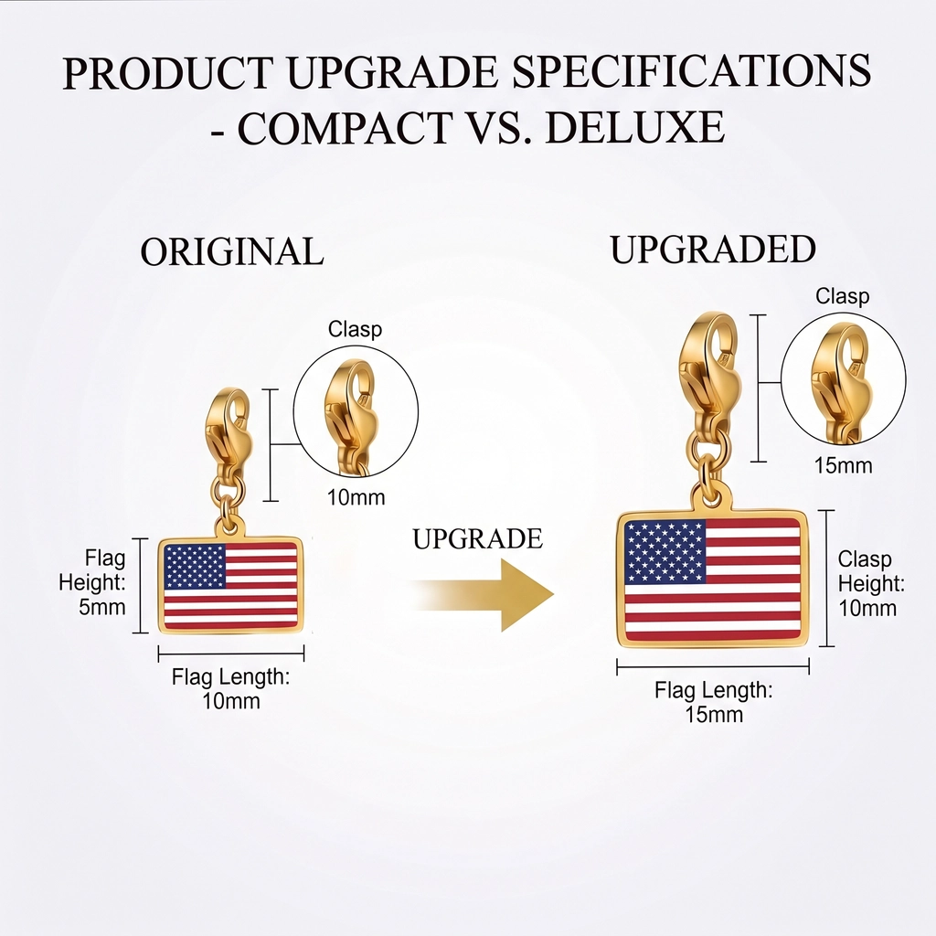 Gold USA flag charm, product upgrade specification comparison, compact original size vs deluxe upgraded size, metal flag pendant with lobster clasp