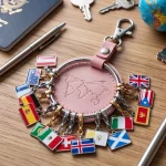 Christmas travel gift keychain, leather round, flag charms, custom engraved map.