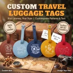 Yellow round leather luggage tag, laser engraved sun beach icons, travel accessory.