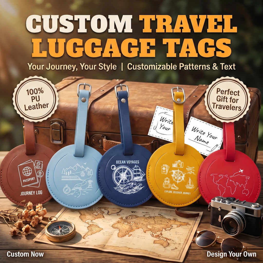 Yellow round leather luggage tag, laser engraved sun beach icons, travel accessory.