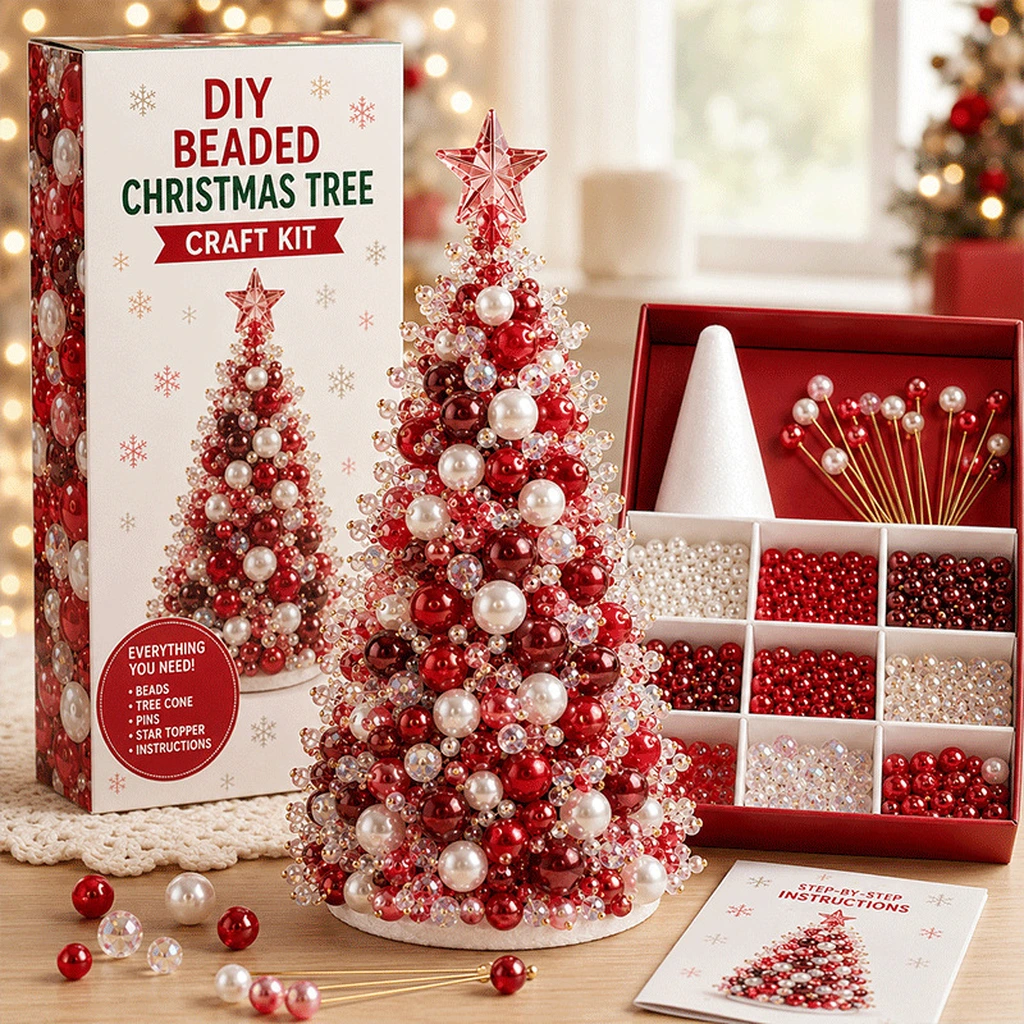 colorful beaded Christmas tree kit, rainbow beads, DIY craft set.