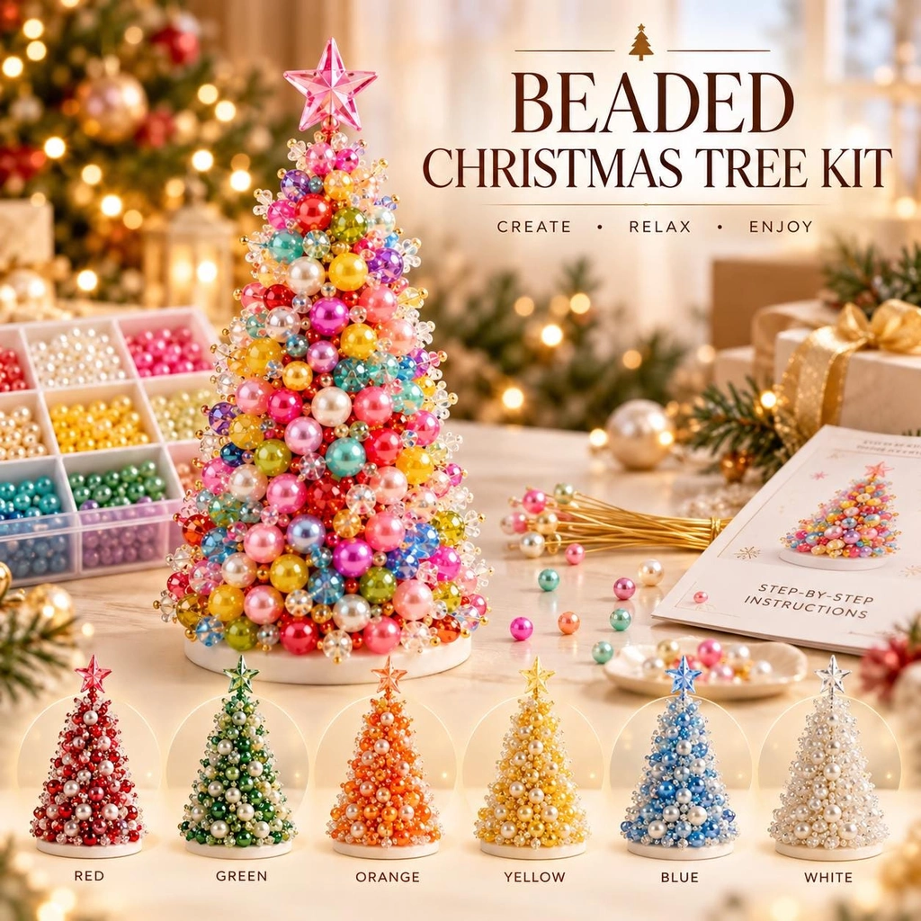 Beaded Christmas tree kit, colorful pearl beads, star topper, DIY craft with step-by-step instructions.