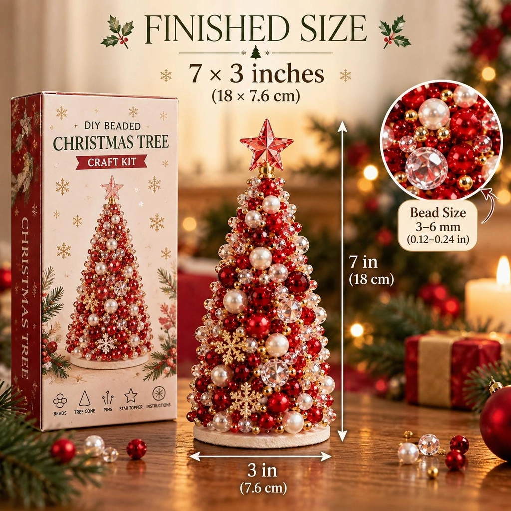 Beaded Christmas tree kit, colorful pearl beads, star topper, DIY craft with step-by-step instructions.
